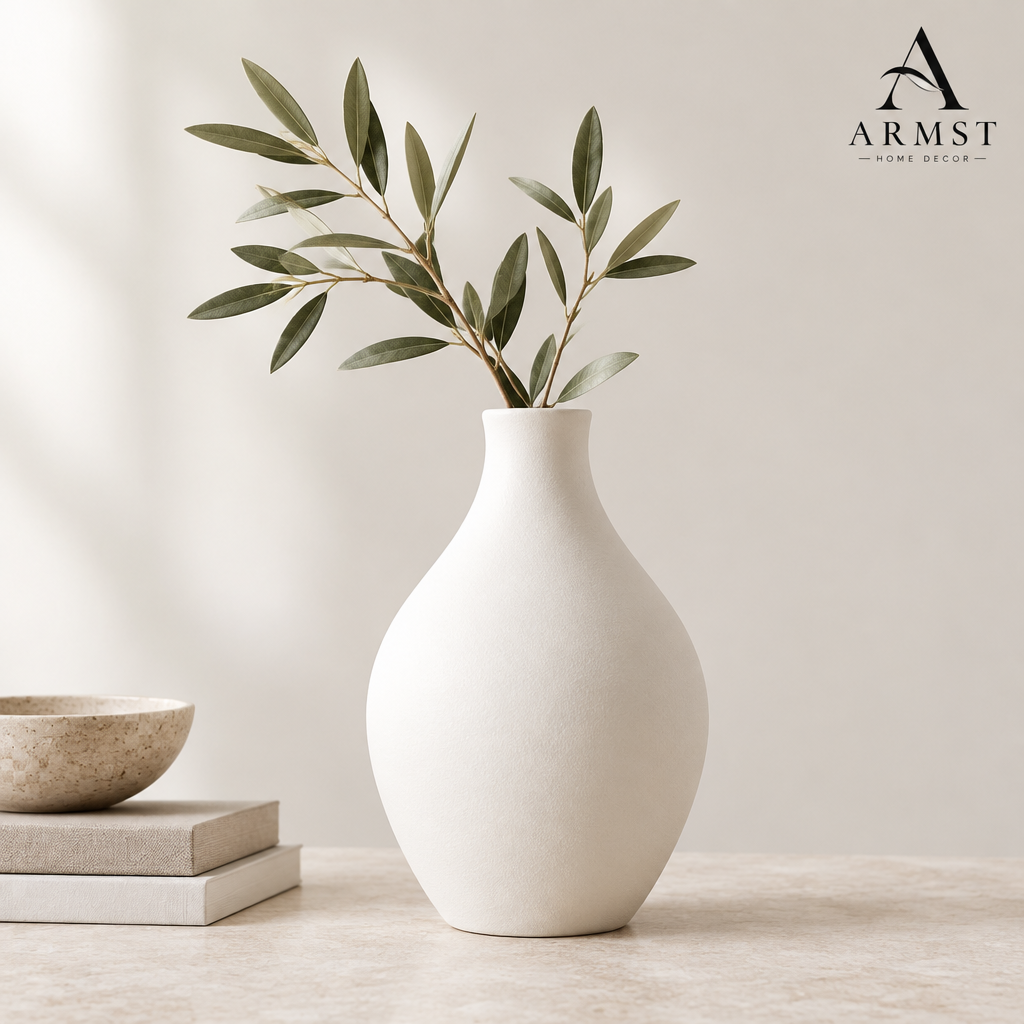 Matte white ceramic vase with ARMST logo