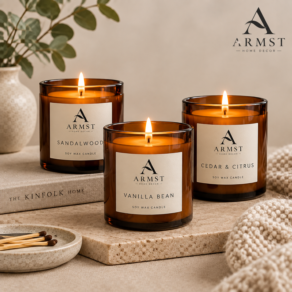 Set of three amber glass soy candles with ARMST logo