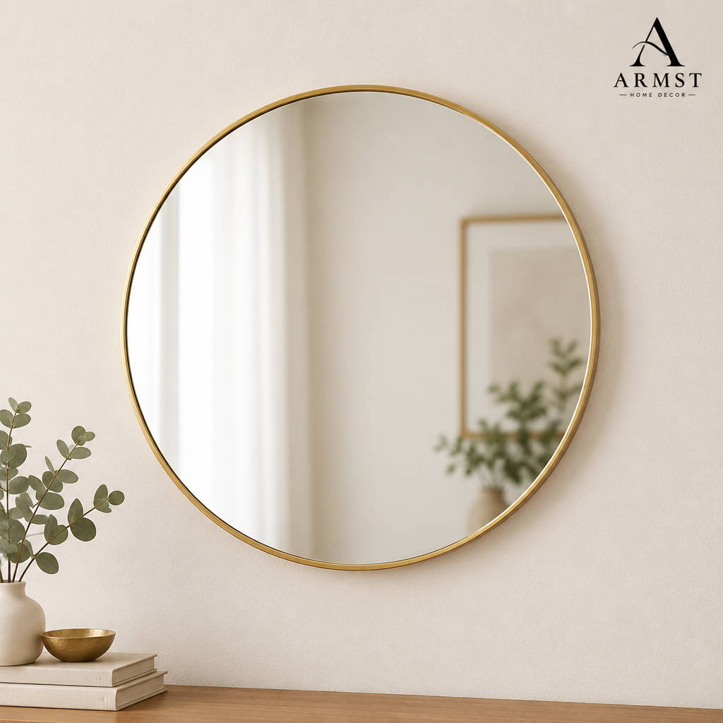 Decorative round wall mirror with ARMST logo
