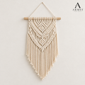 Handwoven macrame wall hanging with ARMST logo