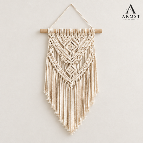 Handwoven macrame wall hanging with ARMST logo